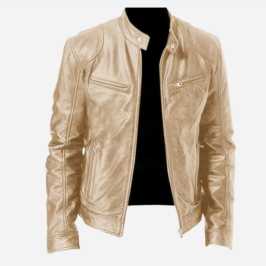 Beige leather jacket on a mannequin with fashion leather