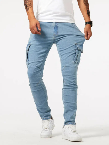 Light blue cargo jeans worn by a person on a white background