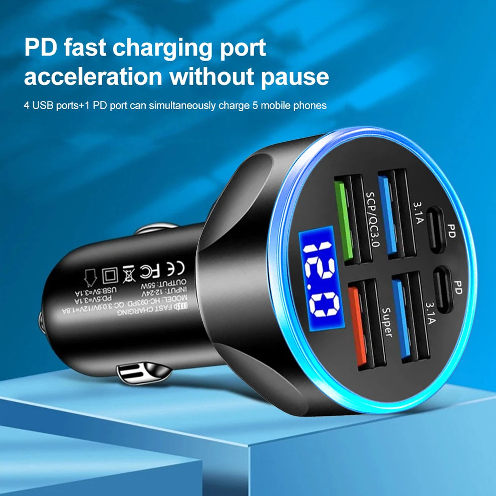 pd car charger - Car Charger - USB PD Car Charger 66-250W QC3-0 6 Port