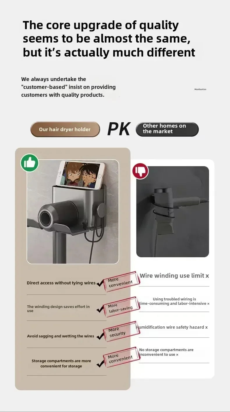 No drill wall mounted hair dryer holder for bathroom