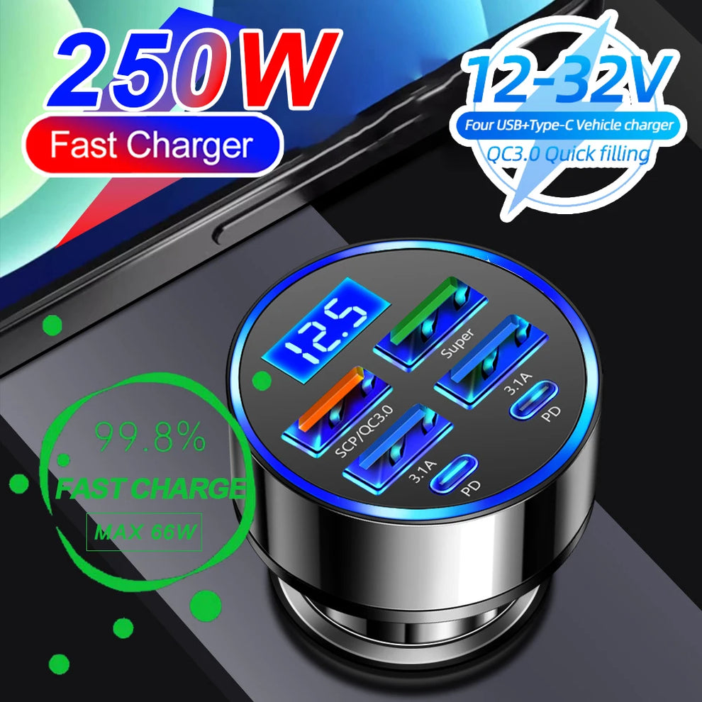 car charger - Car Charger - USB PD Car Charger 66-250W QC3-0 6 Port