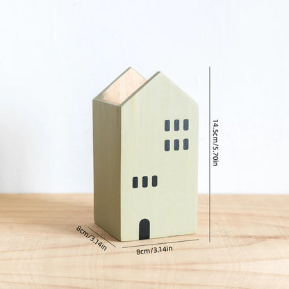Cartoon house wooden pen holder for desk
