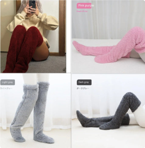 Collage of people wearing knee-high socks in different colors and settings.