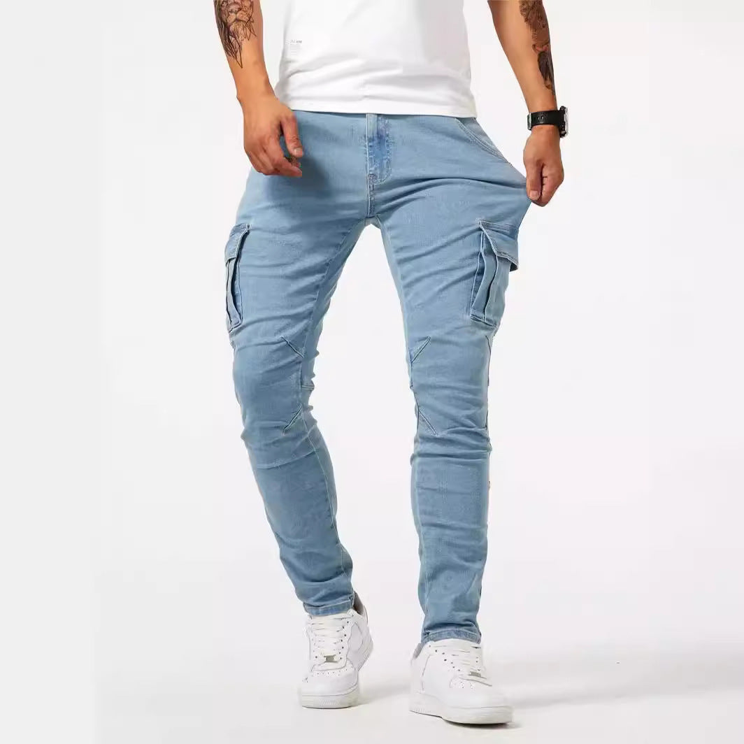 Light blue cargo pants worn by a person High-quality denim