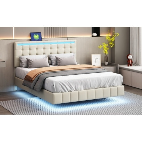 Floating LED Bed with Hidden Frame and Beige Upholstery