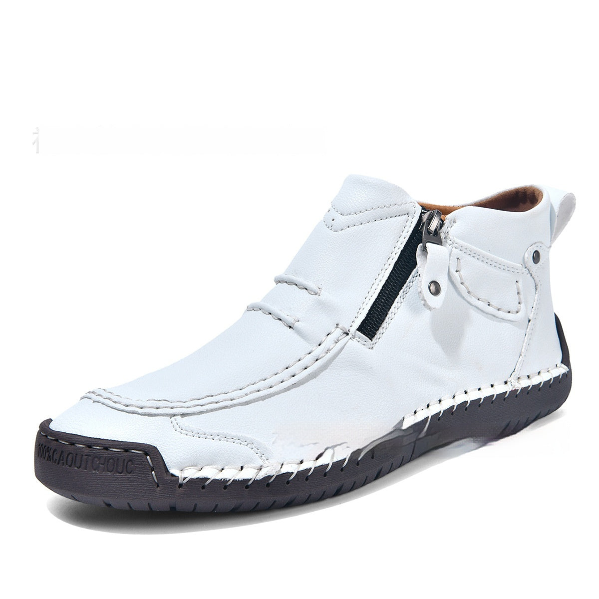 White casual shoe with a black sole on a white background