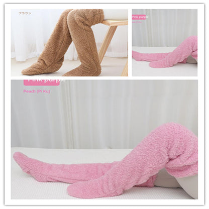 Collage of brown and pink fuzzy leg warmers on feet against a white background.