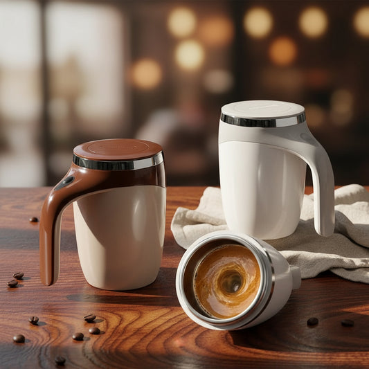 White and brown smart electric mug with automatic stirring feature for coffee from top 3