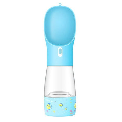 Blue pet water bottle with fish design on a white background